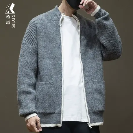 希越开衫毛衣外套男拼接撞色720g重磅春秋宽松大码韩版潮流针织衫商品大图