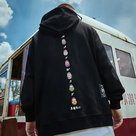 日系BF风青少年大码卫衣男连帽学生潮流宽松秋季新款潮牌胖子刺绣图片