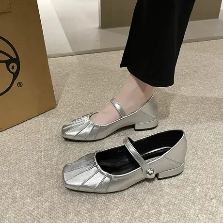永希法式玛丽珍女鞋2023春夏季新款浅口防滑复古银色粗跟气质单鞋商品大图