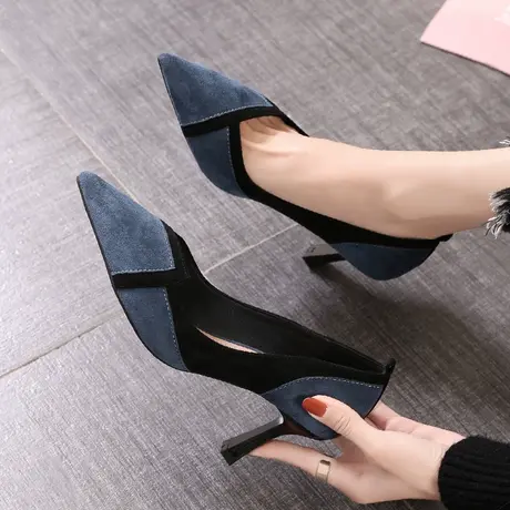 春季小香风单鞋2023新款百搭细跟中跟高跟鞋时尚拼色网红浅口女商品大图