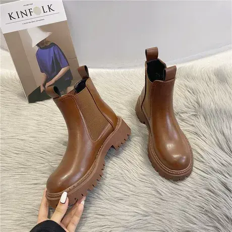 马丁靴女加绒2023年新款厚底甜酷炸街春秋季切尔西瘦瘦烟筒短鞋子商品大图