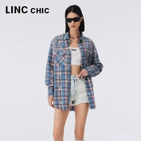 LINCCHIC金羽杰衬衫女2023年秋季新款格纹印花廓形感翻领宽松外套商品大图