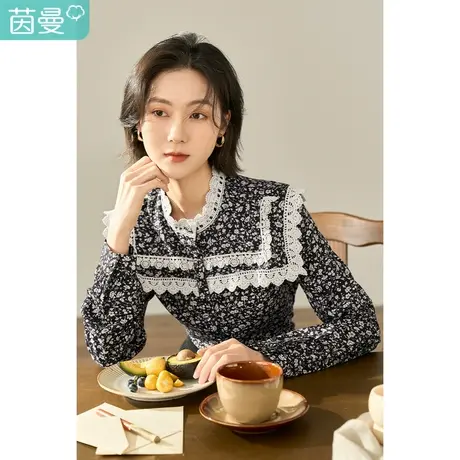 茵曼2022冬女装新款简约通勤系列主题棉感印花小立领撞色花边衬衣商品大图