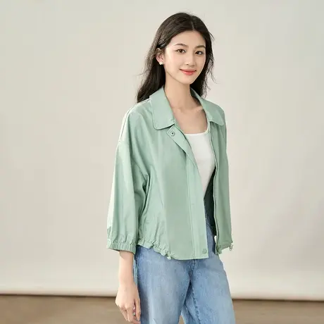 【商场同款】茵曼短外套2023秋季女装新款翻领七分袖橡筋抽绳上衣图片