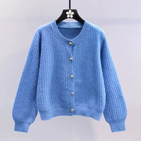 软糯蓝色毛衣外套女秋冬2023年新款韩版宽松百搭长袖圆领针织开衫图片