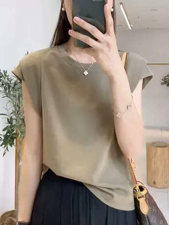 纯色设计感飞飞袖圆领小衫上衣女2023夏季复古港风基础款短袖T恤商品大图