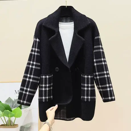 2023秋冬韩版宽松时尚格子外套毛衣开衫女新款大码拼接针织大衣潮商品大图