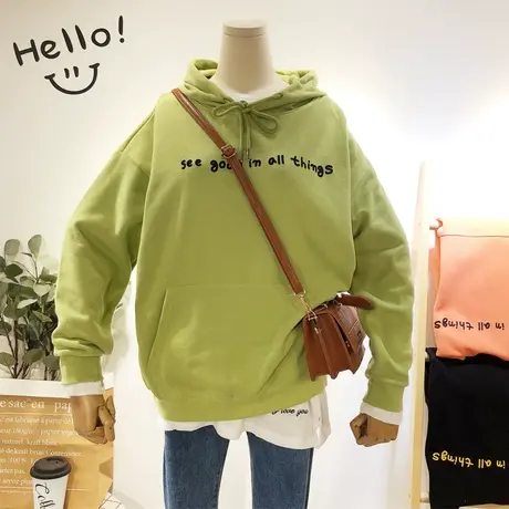 2019早秋新款韩国东大门chic百搭慵懒刺绣字母仿针织卫衣宽松大码商品大图