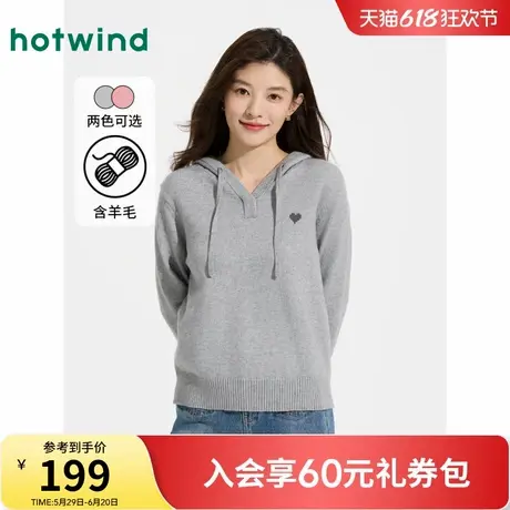 热风连帽针织衫2025年春季新款女士套头上衣灰色v领显瘦内搭上衣商品大图