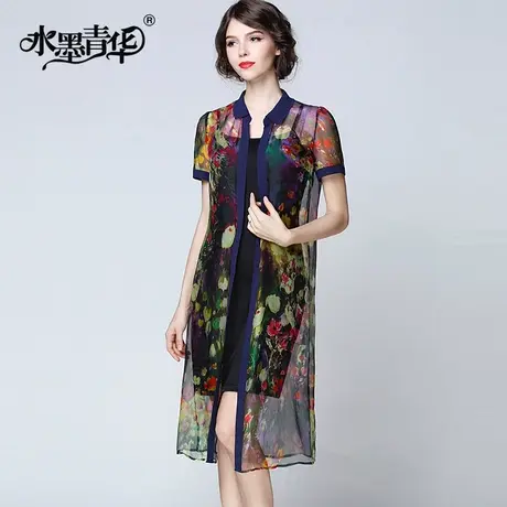 【1件7.9折】夏装开衫印花真丝风衣长衫 长款衬衫女士空调衫图片