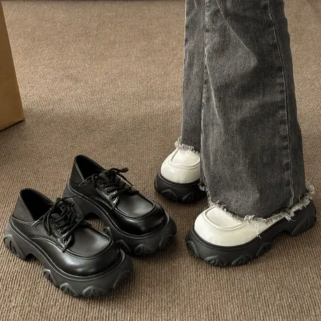 厚底小皮鞋女2023年春夏季新款女鞋学院风JK鞋百搭系带白色单鞋女商品大图
