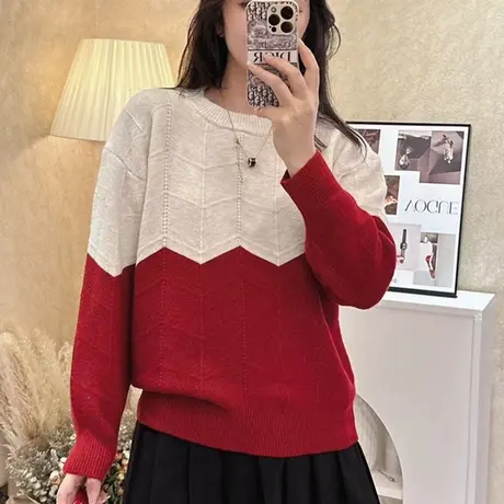 秋冬新款拼色套头针织毛衣女2023新款宽松休闲打底衫上衣复古减龄商品大图