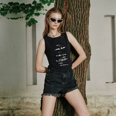 MOUSSY 夏季Y2K千禧辣妹破洞印花无袖背心028HSZ90-1671图片