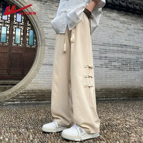 回力新中式国风冰丝裤子男士夏季薄款高级感宽松直筒阔腿休闲长裤商品大图