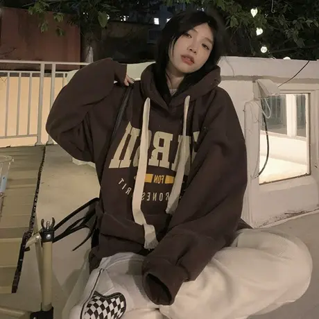 情侣hiphop连帽咖色卫衣女韩风chic秋冬加绒外套慵懒风潮ins上衣商品大图