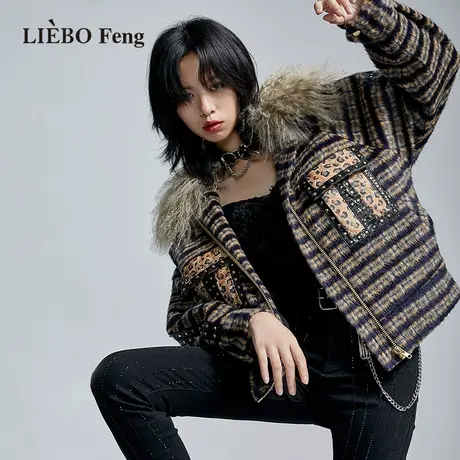 裂帛LIEBOFeng原创设计chic格纹秋冬复古短款美拉德风毛呢大衣女图片