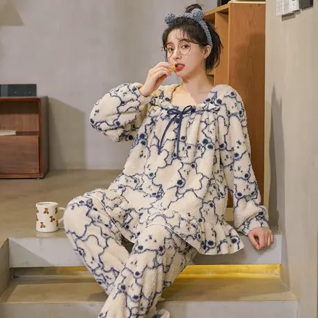 睡衣女冬季珊瑚绒套头女士2023新款家居服秋冬加绒加厚冬款法兰绒商品大图