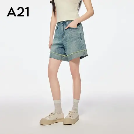 A21女装深蓝水洗短款牛仔裤简约设计感微弹薄直筒裤高腰显瘦弹力图片