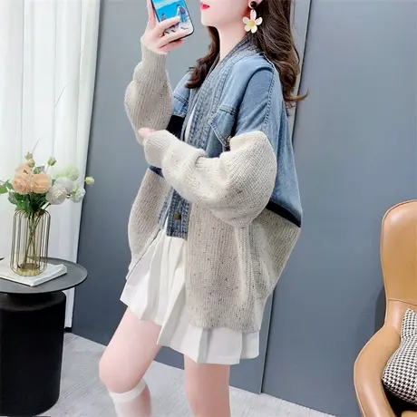 欧洲站牛仔拼接毛衣外套女秋季2024年新款宽松洋气百搭高级感上衣图片