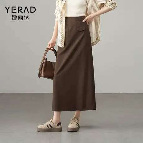 娅丽达休闲咖色仿毛呢半身裙女2025秋季新款裙子直筒裙修身长裙图片