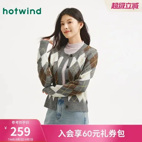 热风女士针织衫开衫毛衣2025年冬季新款菱形格针织开衫内搭打底衫商品大图