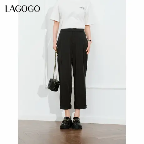 LAGOGO简约通勤直筒翻边休闲裤女拉谷谷2024春秋新款高腰百搭裤子图片
