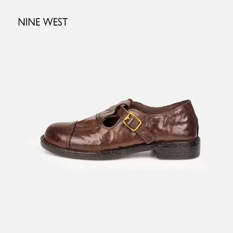 Nine West/玖熙法式复古赫本风圆头真皮乐福鞋女英伦风棕色小皮鞋商品大图