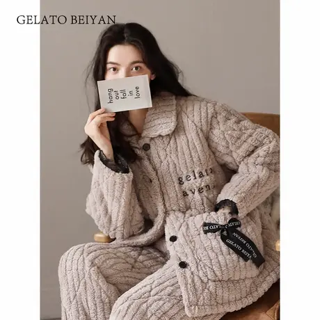 贝妍睡衣女冬加厚夹棉珊瑚绒家居服可爱韩版开衫保暖棉袄冬天套装商品大图