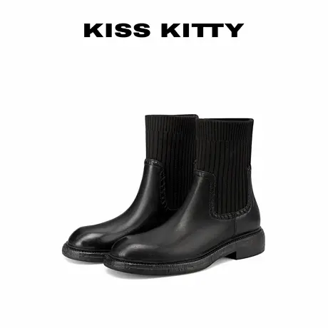 KISSKITTY袜子鞋女2025新款爆款英伦风黑色针织弹力布瘦瘦短靴子商品大图