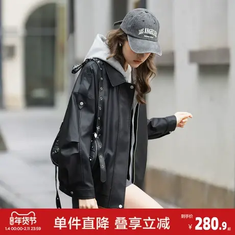 唐狮2026春季皮衣外套女款假两件连帽皮衣时尚宽松美式复古冬黑色商品大图