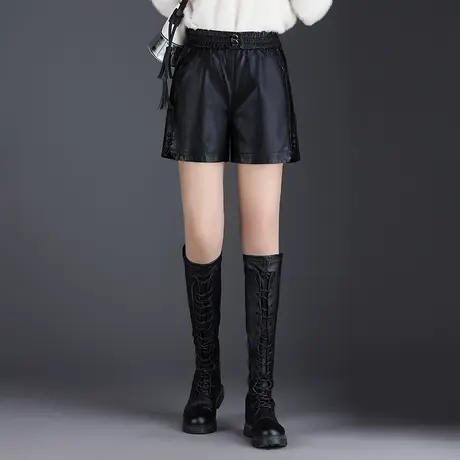黑色松紧腰皮短裤女秋冬2023新款外穿时尚阔腿裤百搭休闲皮裤靴裤图片