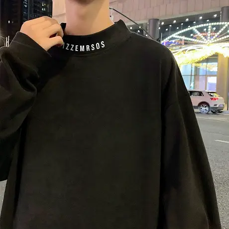 德绒半高领打底男秋冬季纯色针织衫长袖潮流内搭无帽卫衣新款上衣商品大图