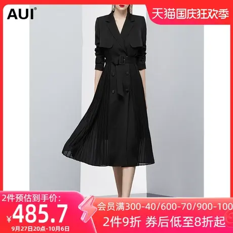AUI黑色设计感气质风衣女2023春秋新款欧货中长款拼接雪纺外套裙图片