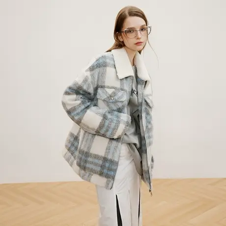 复古潮牌格子棉服女冬季夹棉毛呢外套2023新款羊羔毛拼接宽松棉衣商品大图