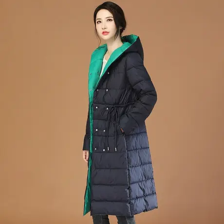 韩潮袭人长款连帽撞色棉服女2023冬季新款休闲百搭保暖棉衣外套图片