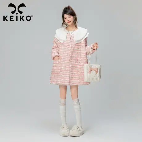 KEIKO 嵌丝粗花呢毛呢外套女夹棉加厚秋冬小香风玫瑰粉娃娃领外套商品大图