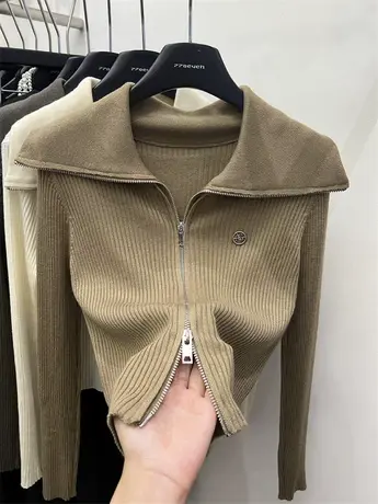 欧货早秋拉链大翻领针织开衫女2023新款小众设计显瘦减龄长袖上衣商品大图