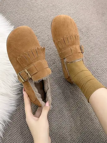 文艺复古平底加绒勃肯鞋女2023年秋冬一脚蹬孕妇圆头流苏豆豆瓢鞋图片