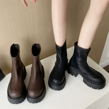 洋气小短靴女款秋季新款2023年复古瘦瘦靴厚底增高粗跟爆款马丁靴图片