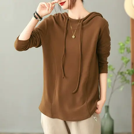 dza 复古短款纯棉连帽T恤女秋冬内搭加厚打底衫宽松纯色长袖上衣商品大图