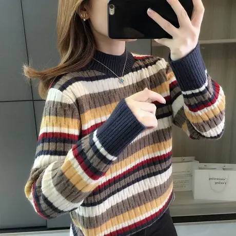 半高领套头毛衣女士秋冬季2023新款宽松打底衫女装条纹针织衫上衣商品大图