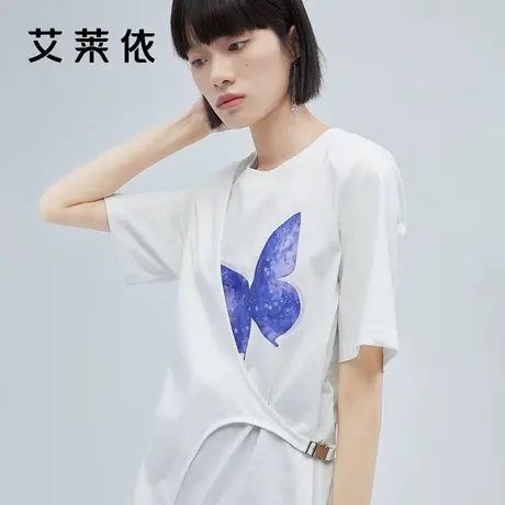 艾莱依新款短袖T恤女夏oversize下身消失设计感小众ins潮上衣图片