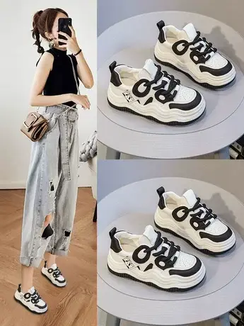 厚底真皮熊猫鞋女鞋秋季2023年新款面包鞋百搭休闲增高运动小白鞋商品大图