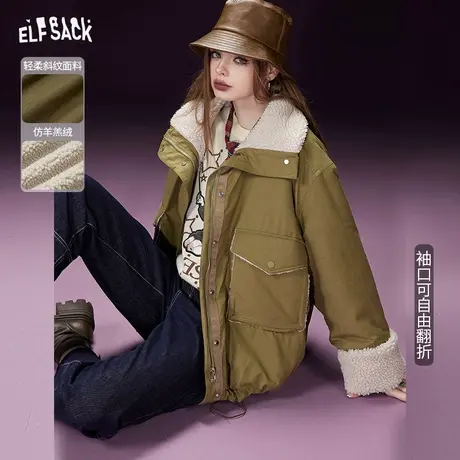 妖精的口袋短款工装棉服女2023冬季新款小个子仿羊羔毛棉衣外套图片