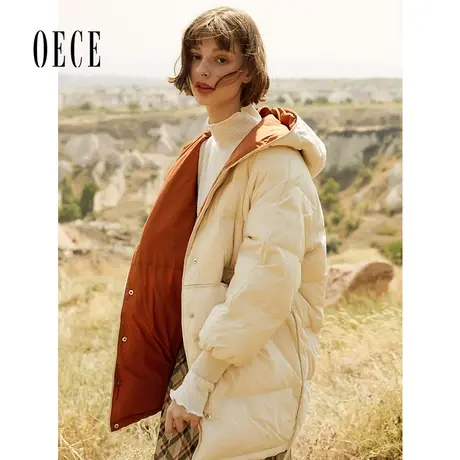 Oece冬新款女撞色学院连帽加厚中长款羽绒服外套商品大图