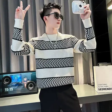 轻熟风毛衣男2023秋冬季个性ins宽松休闲撞色条纹线衣针织打底衫图片