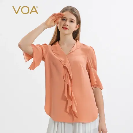 VOA30姆米重磅桑蚕丝V领飘带装饰撞料拼接乔其丝绸五分袖真丝T恤商品大图