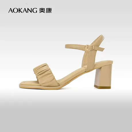 奥康女鞋 夏季气质真皮一字带凉鞋粗跟气质高跟纯色女士凉鞋商品大图