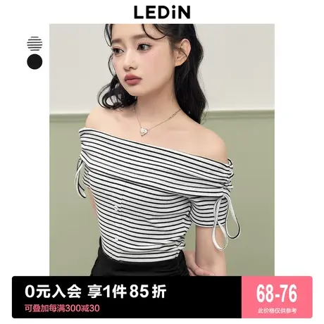 乐町甜辣条纹短款小上衣2023年夏季女装吊修身一字肩短袖T恤图片