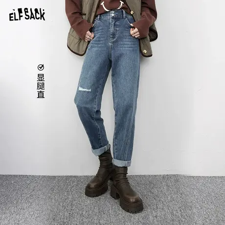妖精的口袋高腰破洞牛仔裤女2023冬季新款宽松显瘦设计感九分裤图片